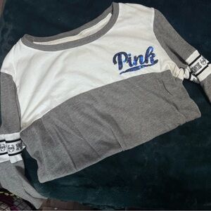 PINK Baseball Shirt -Blue Bling Lettering / Two-Tone 3/4 Long Sleeve Shirt